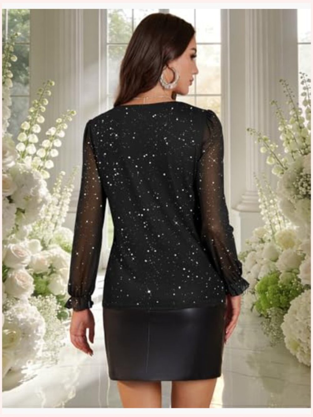 Sequin Ruffle V Neck Long Sleeve Mesh Party Tunic Blouse - Picture 4 of 7